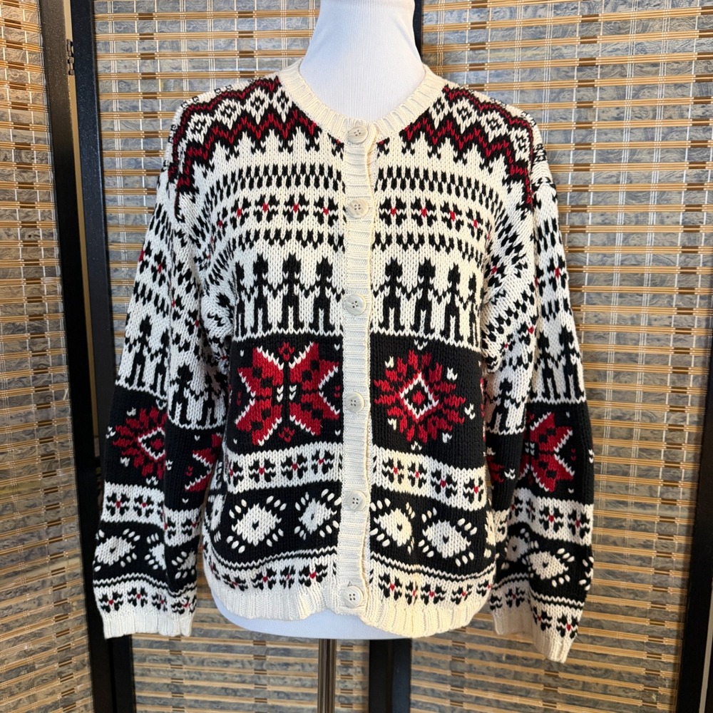 Eddie Bauer Cardigan Sweater Womens S White Black Red Fair Isle Cotton Vintage